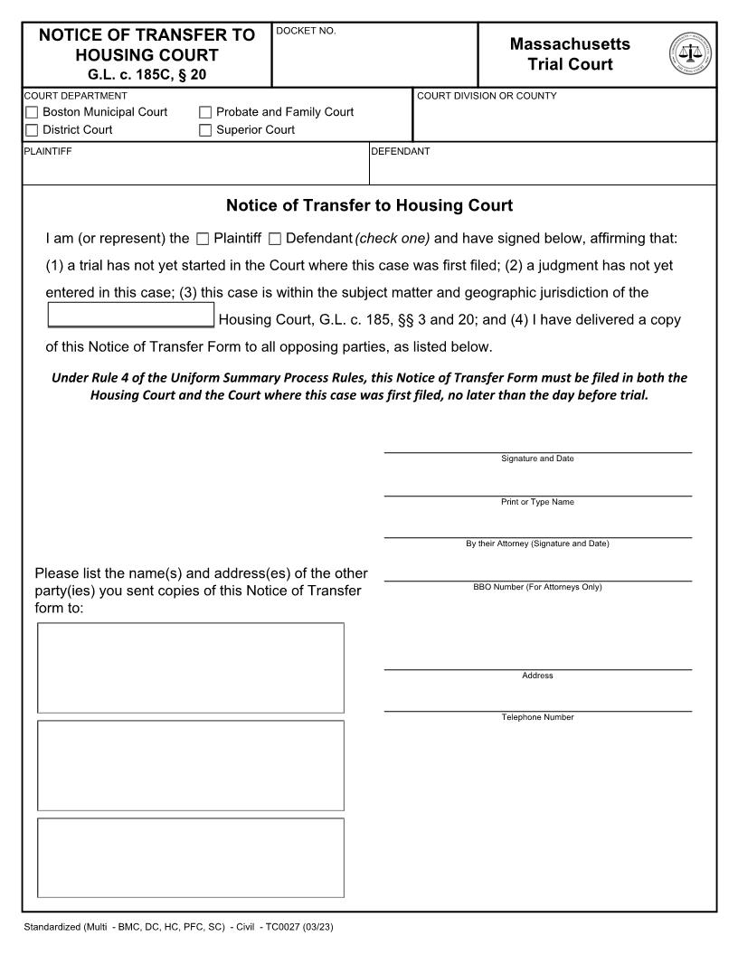 Notice Of Transfer To Housing Court | Pdf Fpdf Doc Docx | Massachusetts