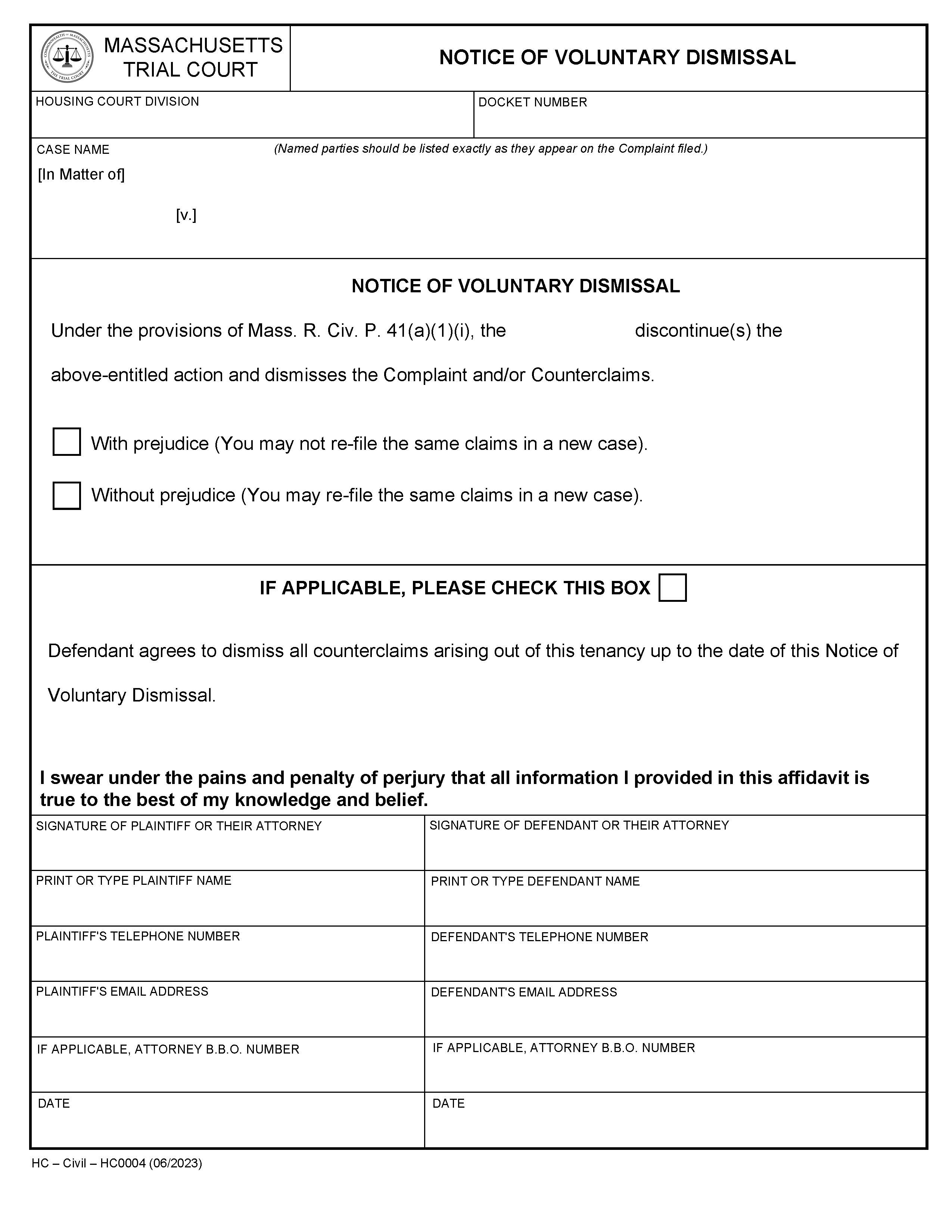 Notice Of Voluntary Dismissal-Housing Court | Pdf Fpdf Doc Docx | Massachusetts