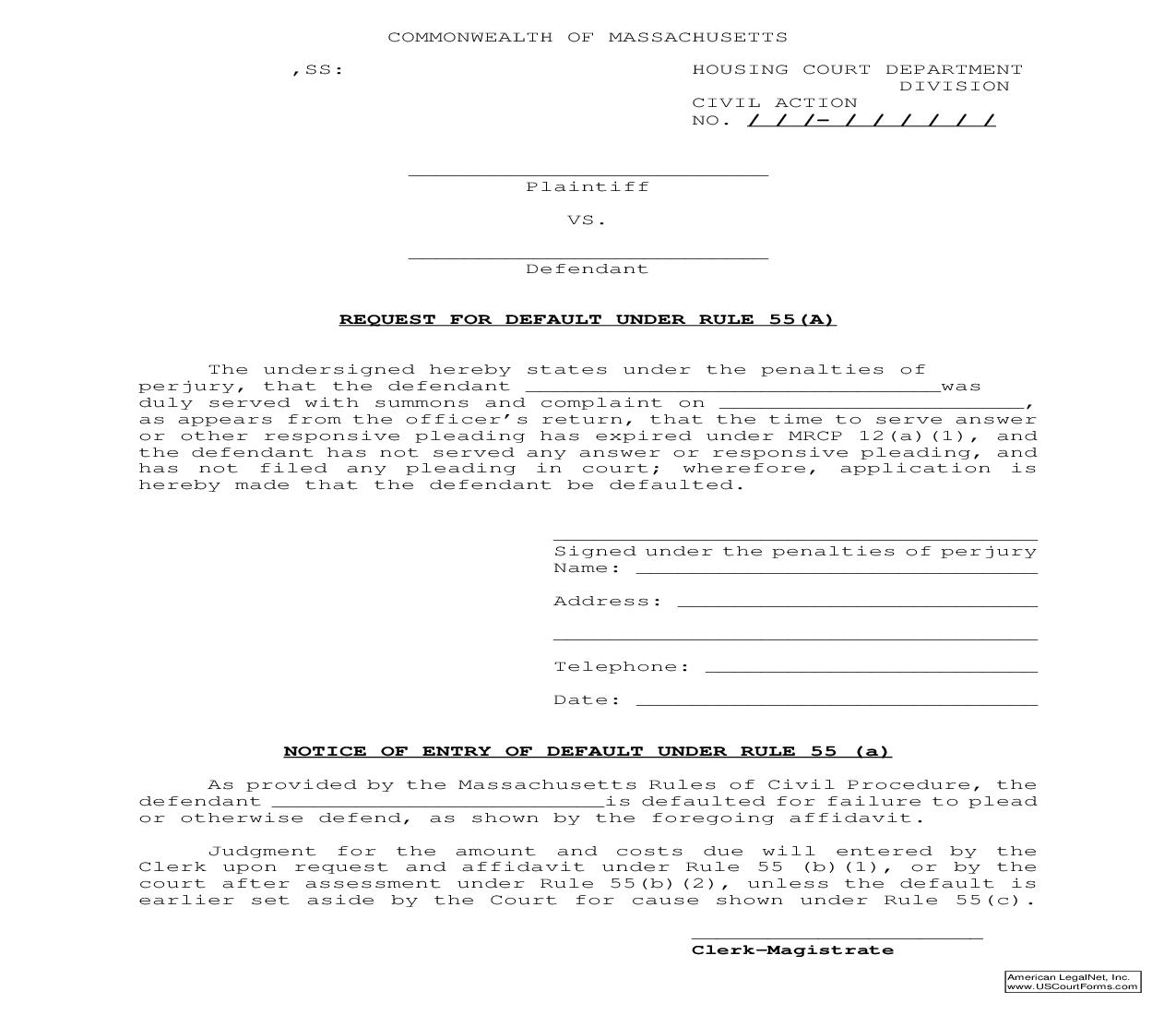 Request For Default Under Rule 55(A) | Pdf Fpdf Doc Docx | Massachusetts