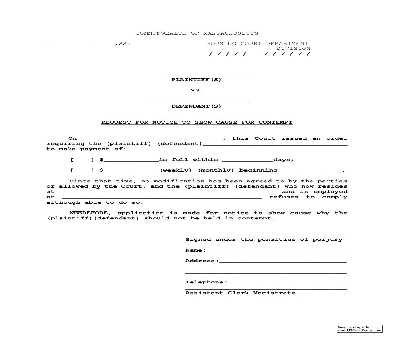 Request For Notice To Show Cause For Contempt | Pdf Fpdf Doc Docx | Massachusetts
