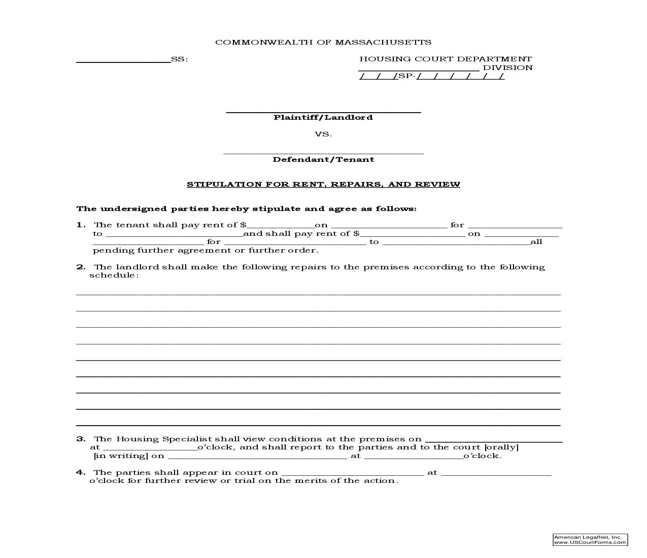 Stipulation For Rent, Repairs, And Review | Pdf Fpdf Doc Docx | Massachusetts