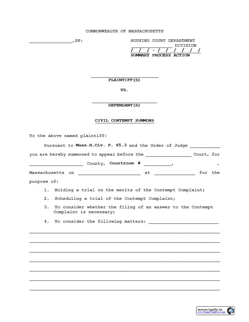 Summary Process Contempt Summons | Pdf Fpdf Docx | Massachusetts