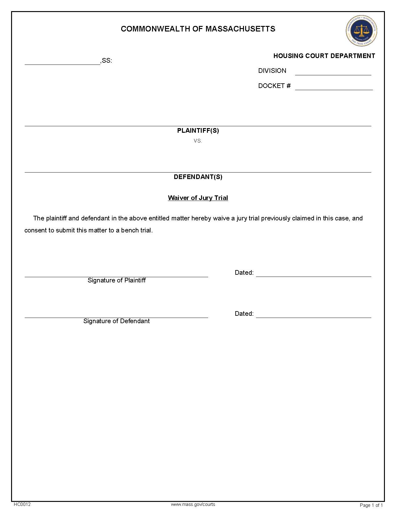 Waiver Of Jury Trial | Pdf Fpdf Doc Docx | Massachusetts