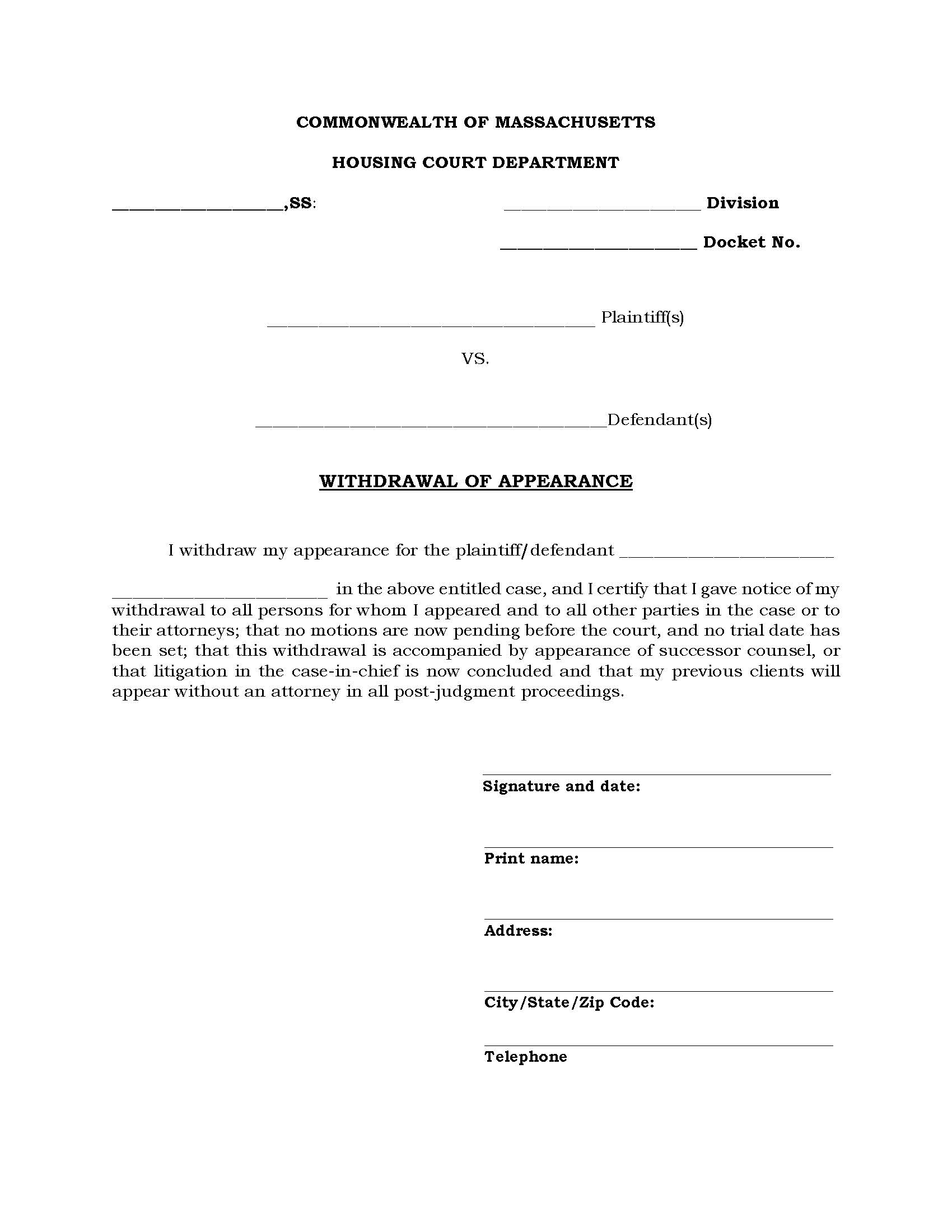Withdrawal Of Appearance | Pdf Fpdf Doc Docx | Massachusetts
