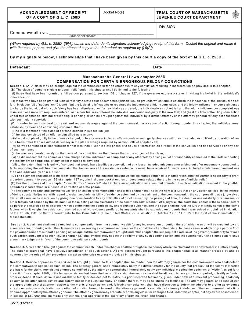 Acknowledgement Of Receipt Of A Copy Of G.L.C. 258D {JV-13} | Pdf Fpdf Docx | Massachusetts