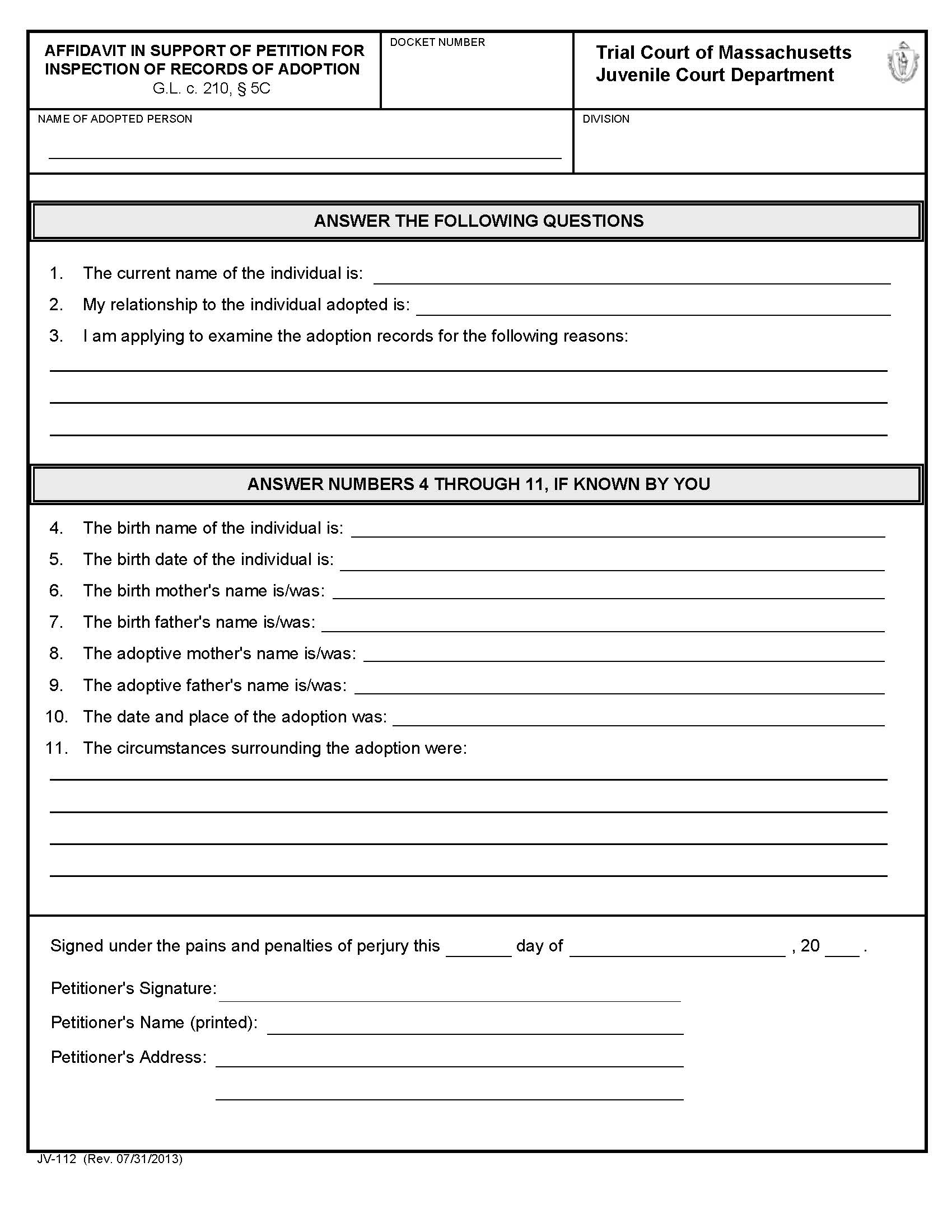 Affidavit In Support Of Petition For Inspection Of Records Of Adoptions {JV-112} | Pdf Fpdf Docx | Massachusetts
