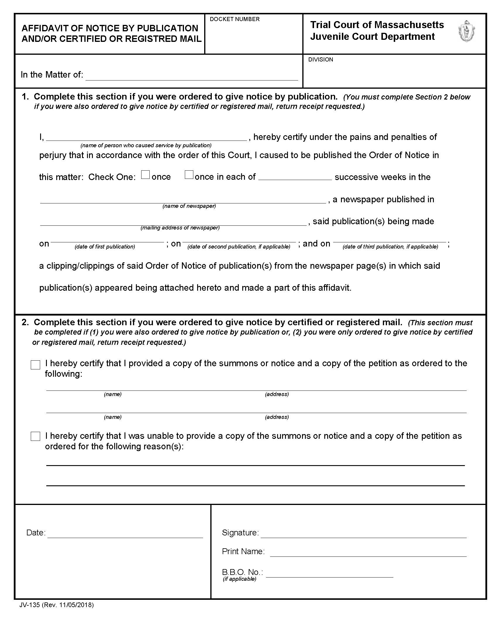 Affidavit Of Notice Of Publication And-Or Certified Or Registred Mail {JV-135} | Pdf Fpdf Docx | Massachusetts
