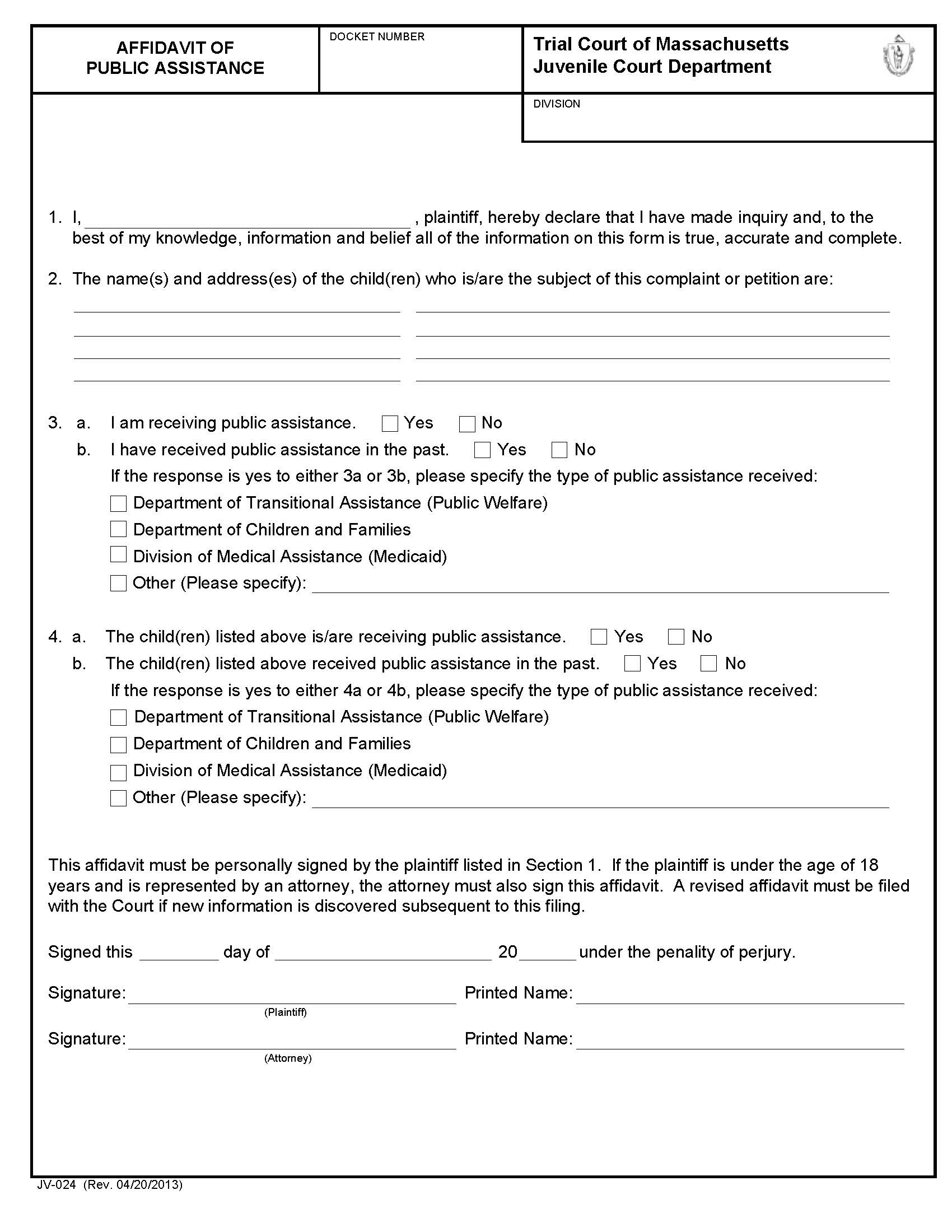 Affidavit Of Public Assistance {JV-024} | Pdf Fpdf Docx | Massachusetts