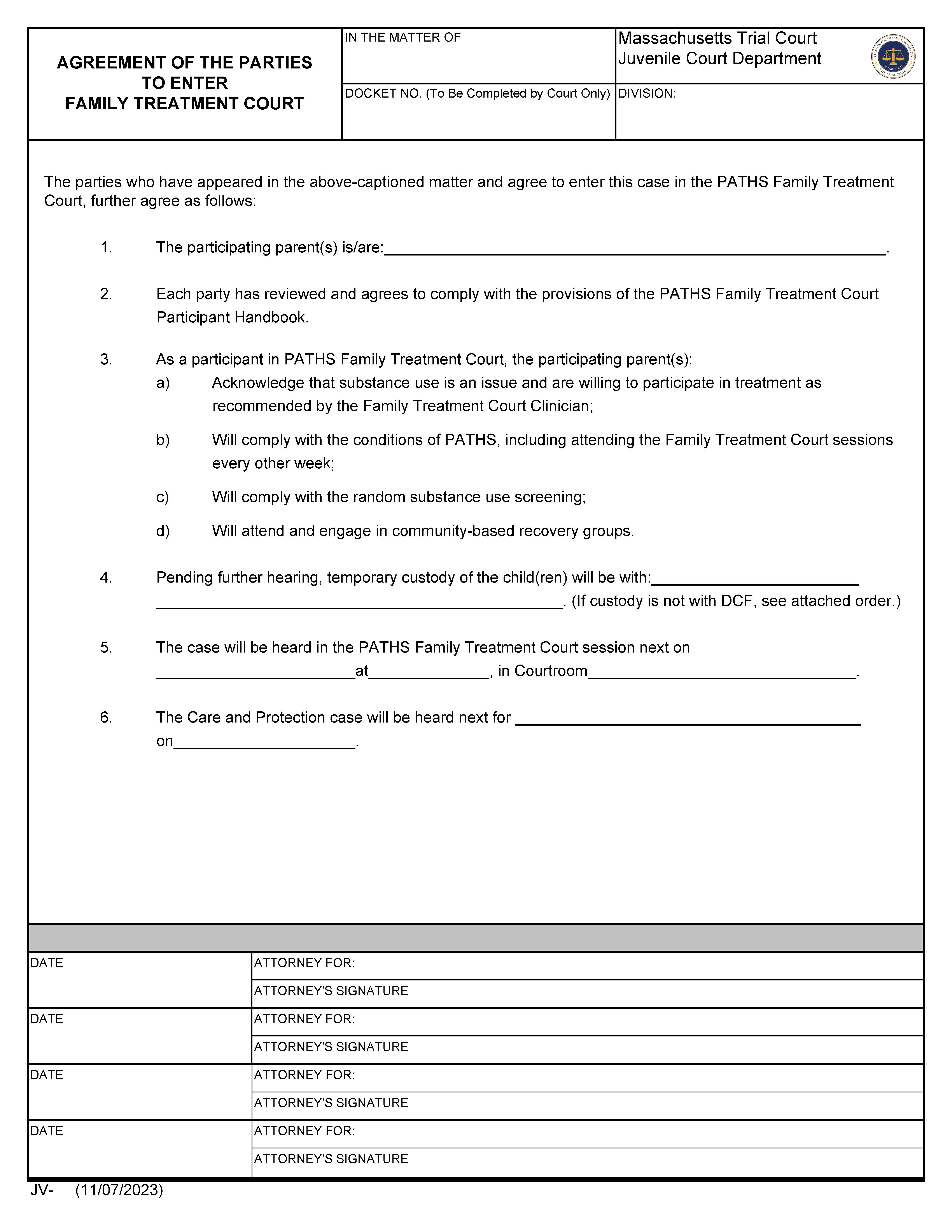 Agreement Of The Parties-To Enter Family Treatment Court | Pdf Fpdf Docx | Massachusetts