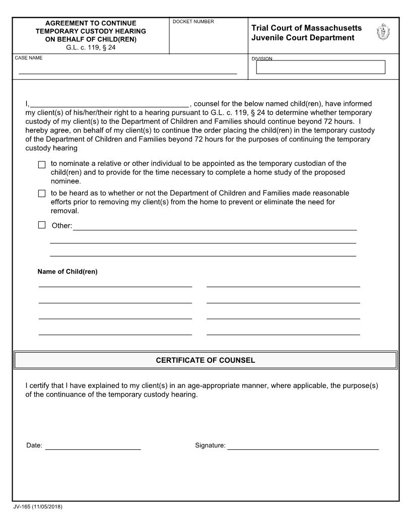 Agreement To Continue TC Hearing On Behalf Of Child(ren) {JV-165} | Pdf Fpdf Docx | Massachusetts