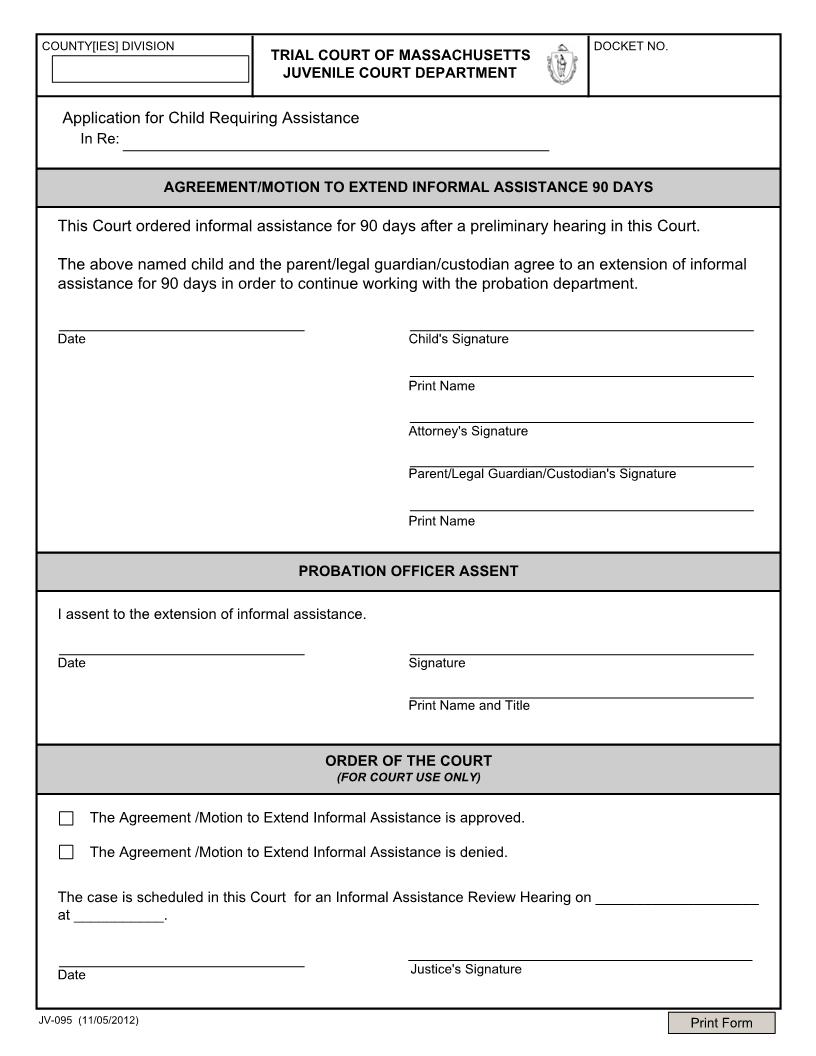 Agreement-Motion To Extend Informal Assistance 90 Days {JV-095} | Pdf Fpdf Docx | Massachusetts