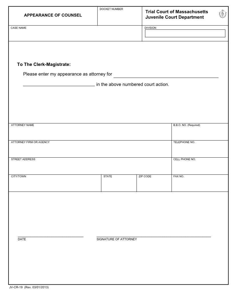 Appearance Of Counsel {JV-CR-19} | Pdf Fpdf Docx | Massachusetts