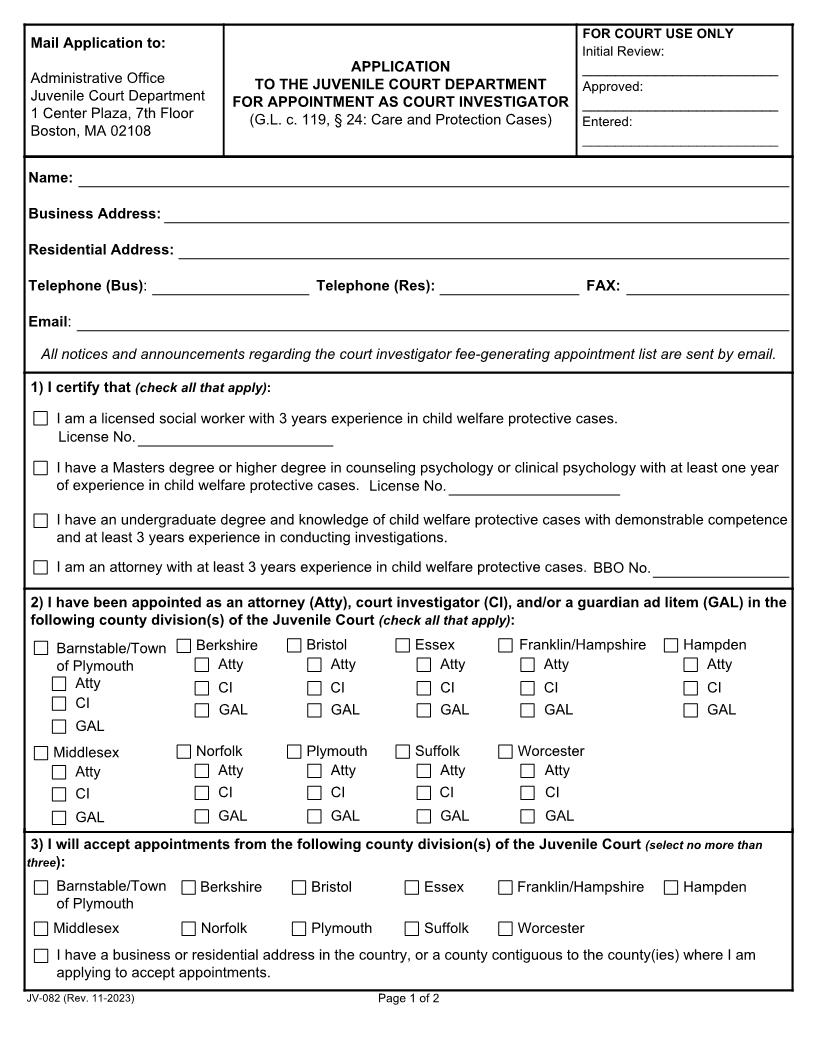 Application For Court Investigators {JV-082} | Pdf Fpdf Docx | Massachusetts