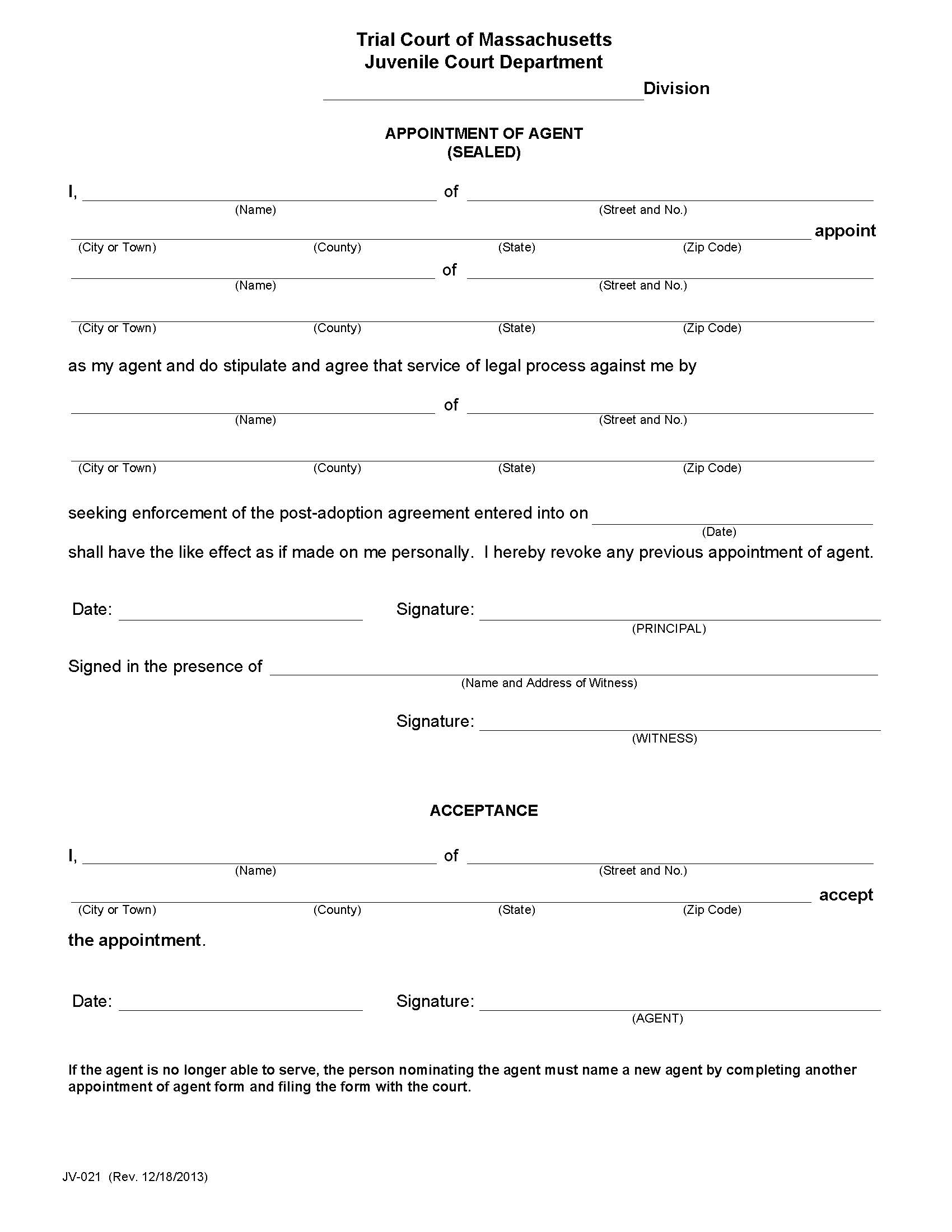 Appointment Of Agent {JV-021} | Pdf Fpdf Docx | Massachusetts