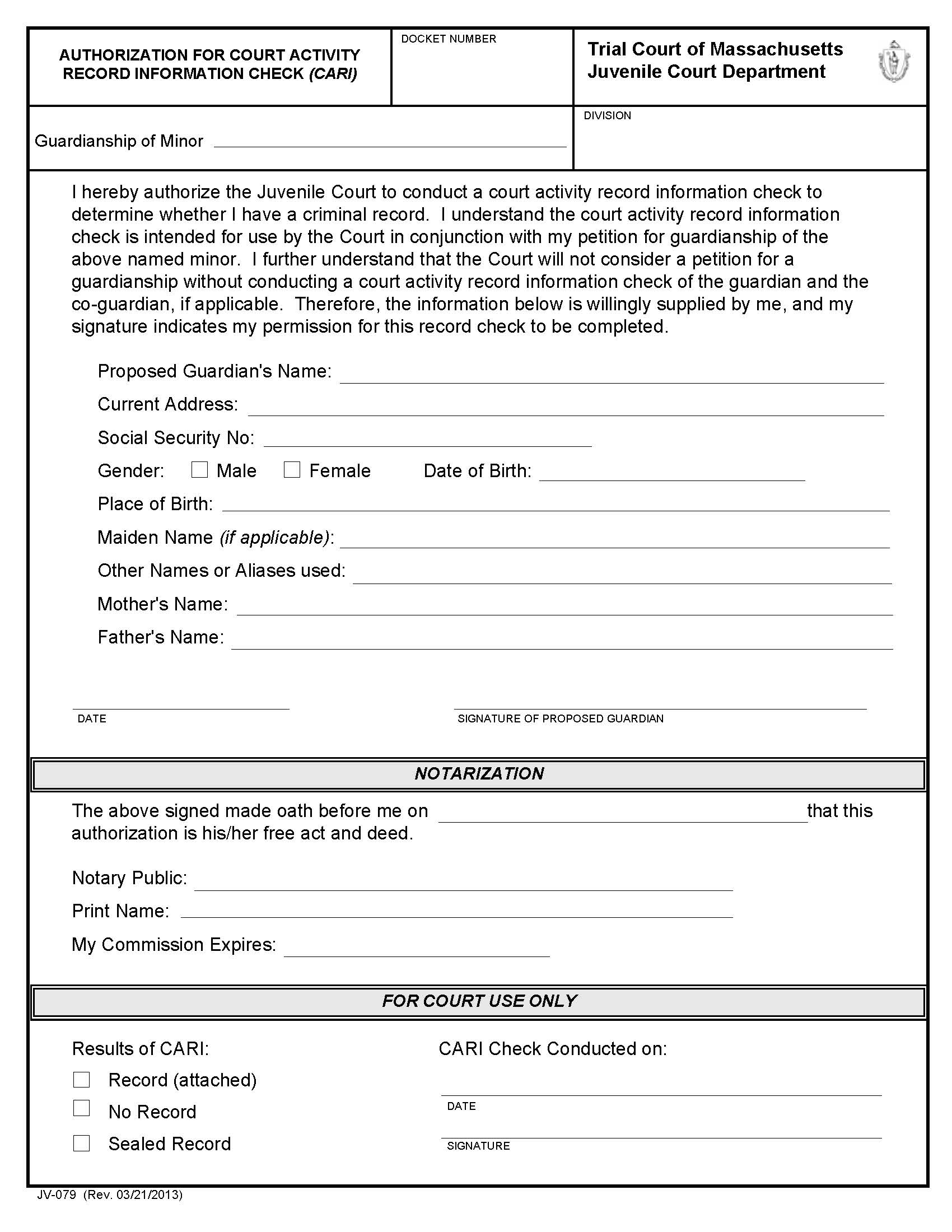 Authorization For Court Activity Record Information Check (CARI) {JV-079} | Pdf Fpdf Docx | Massachusetts