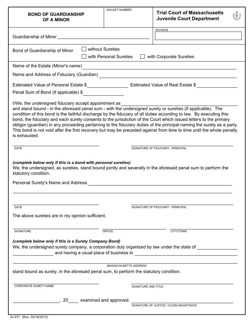 Bond Of Guardianship Of A Minor {JV-071} | Pdf Fpdf Docx | Massachusetts