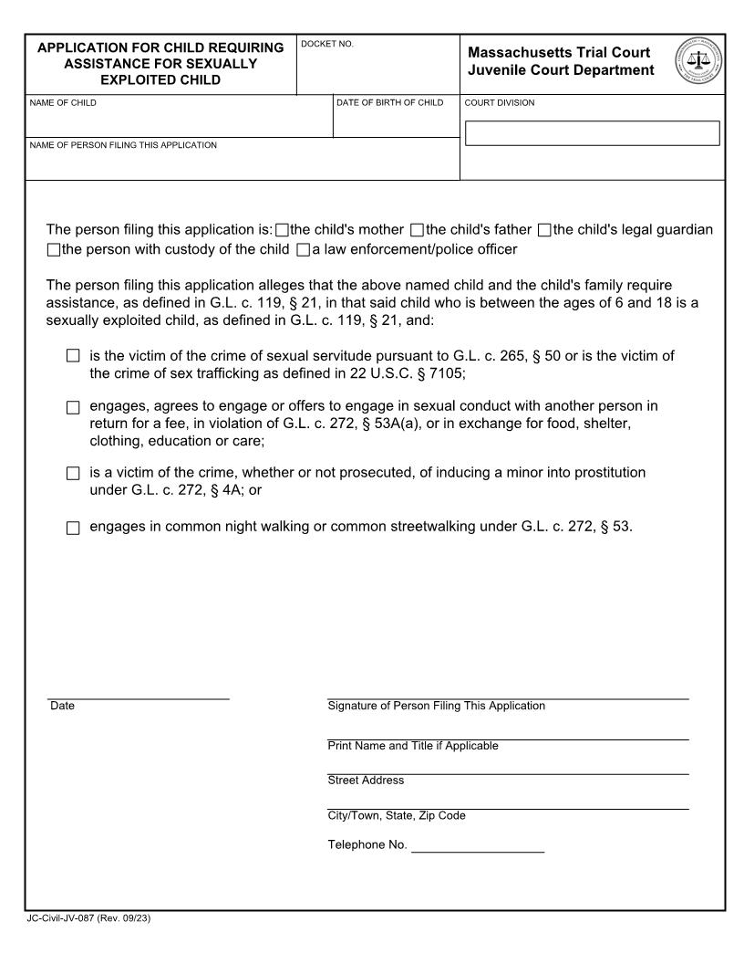 CRA Application Sexually Exploited Child {JV-087} | Pdf Fpdf Docx | Massachusetts