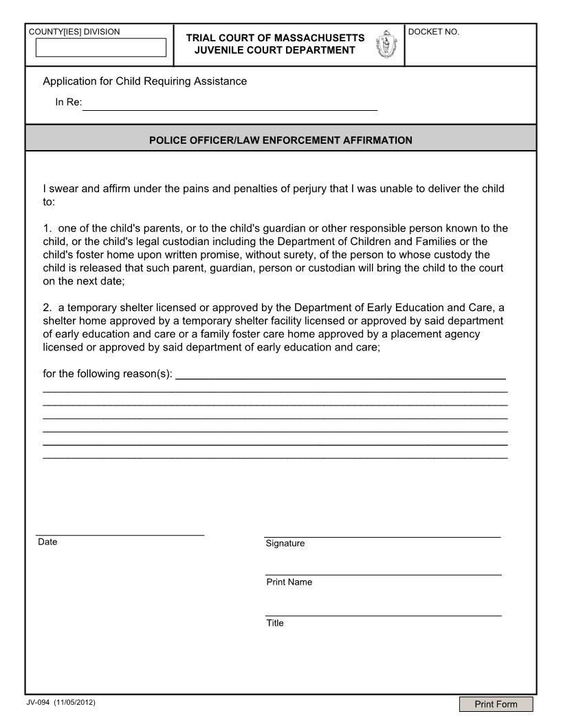 CRA Police Officer-Law Enforcement Affirmation {JV-094} | Pdf Fpdf Docx | Massachusetts