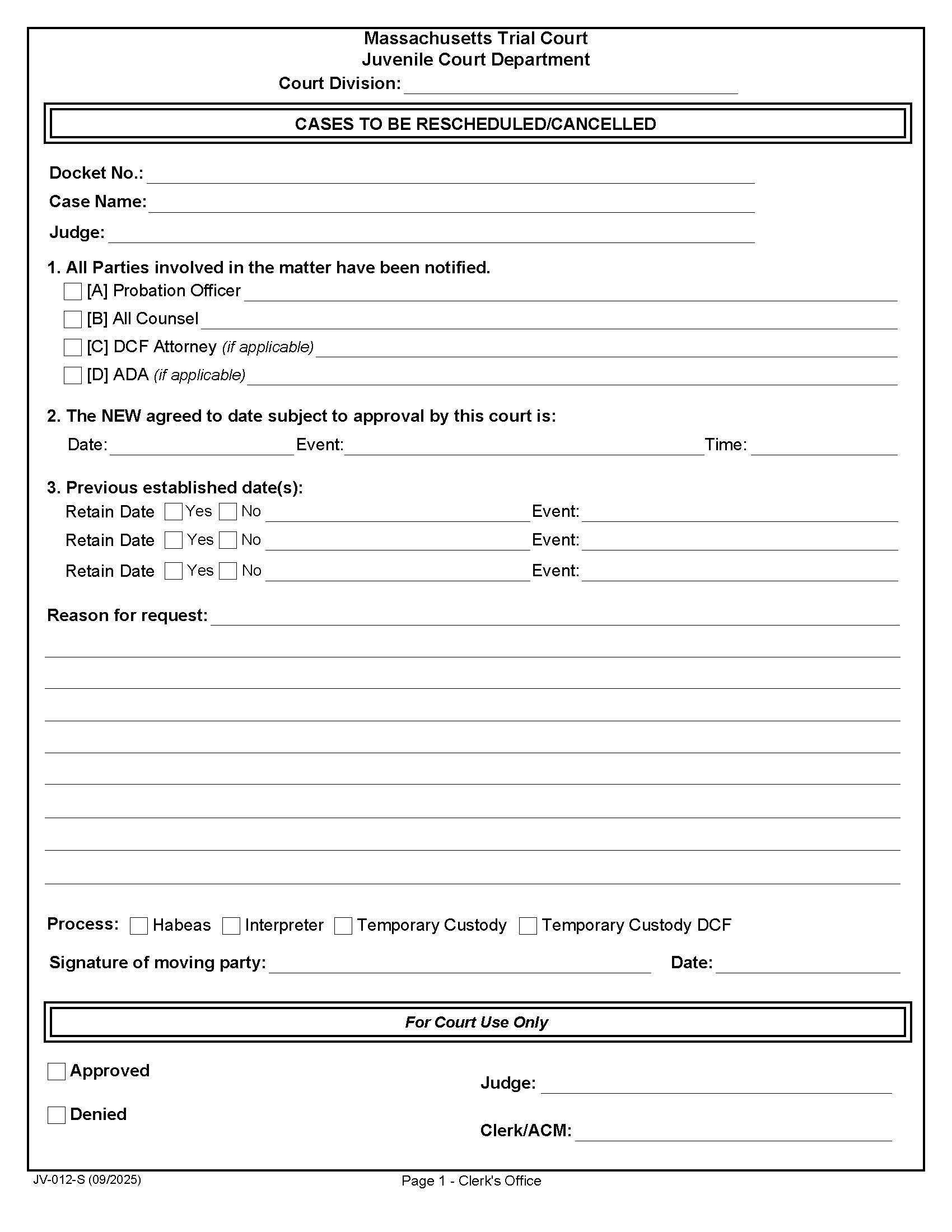 Cases To Be Rescheduled-Cancelled {JV-012-S} | Pdf Fpdf Docx | Massachusetts