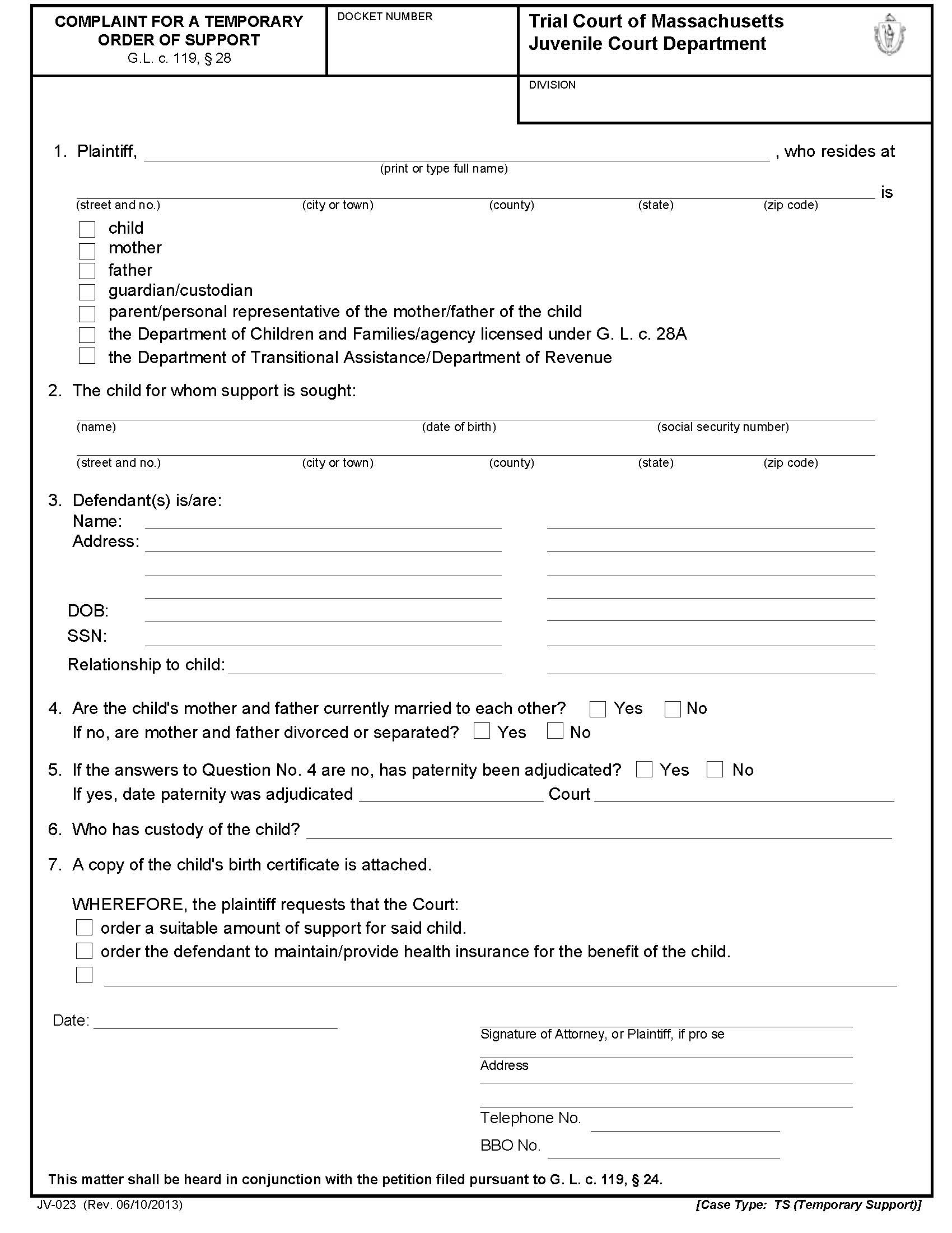 Complaint For Temporary Order For Support {JV-023} | Pdf Fpdf Docx | Massachusetts