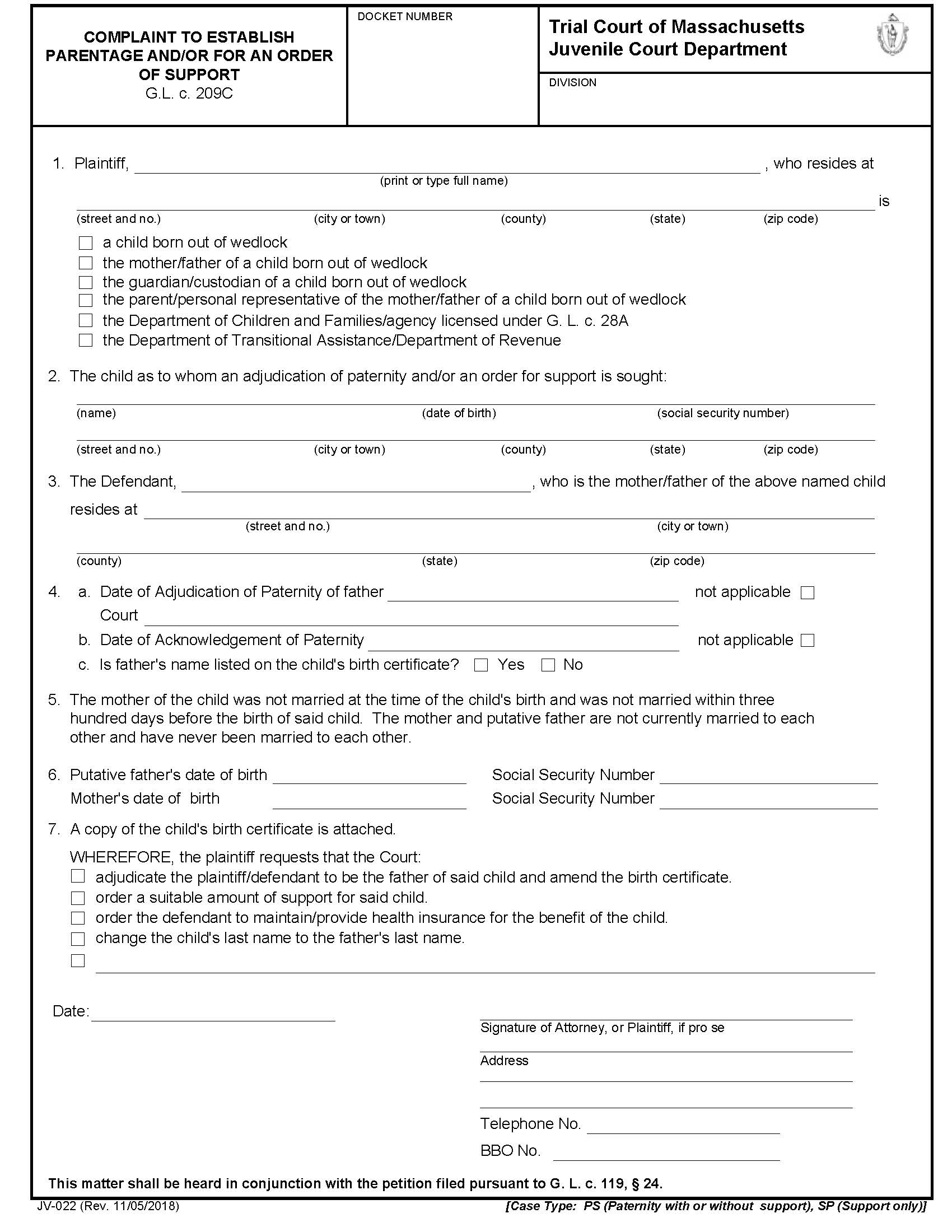 Complaint To Establish Parentage And-Or For An Order Of Support {JV-022} | Pdf Fpdf Docx | Massachusetts