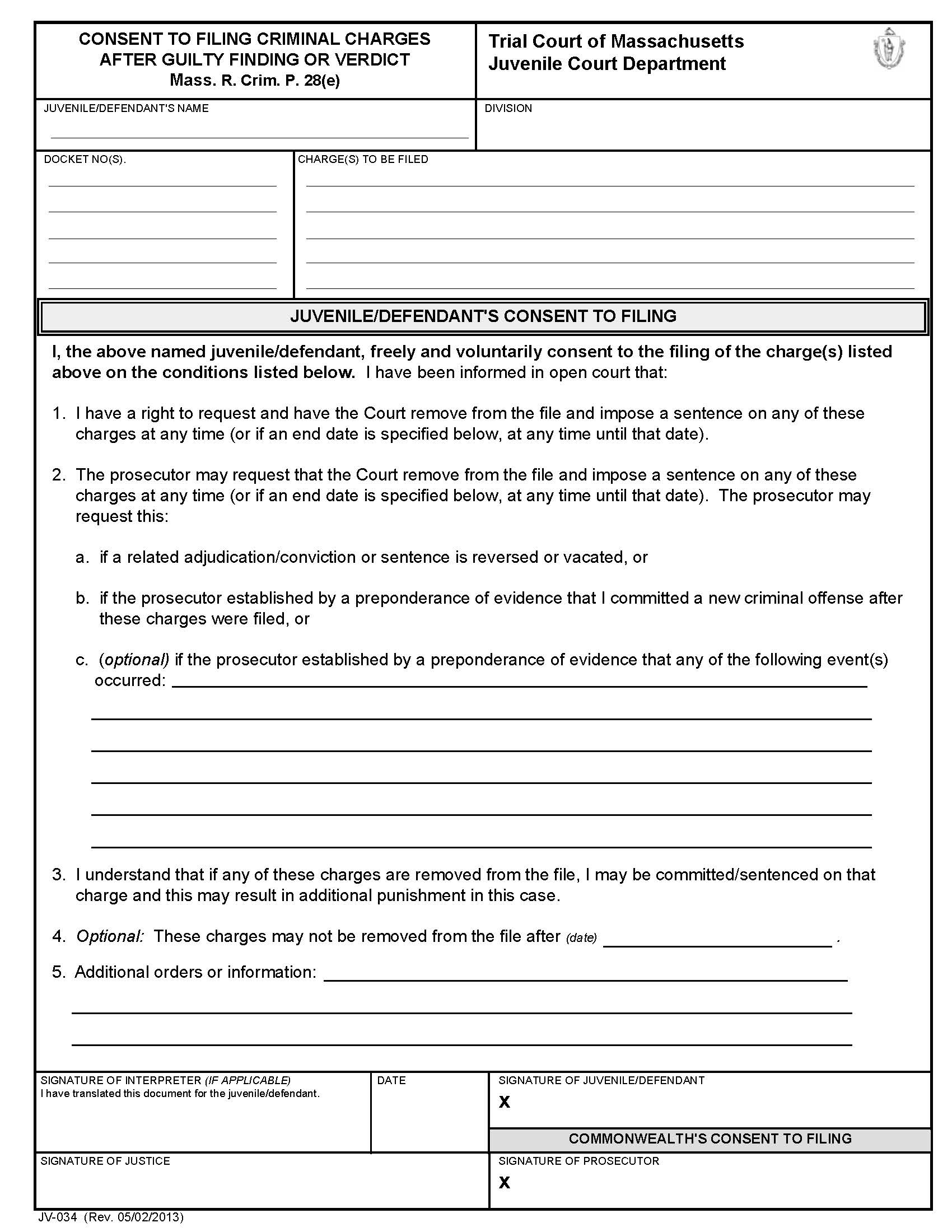 Consent To Filing Criminal Charges After Guilty Finding Or Verdict {JV-34} | Pdf Fpdf Docx | Massachusetts