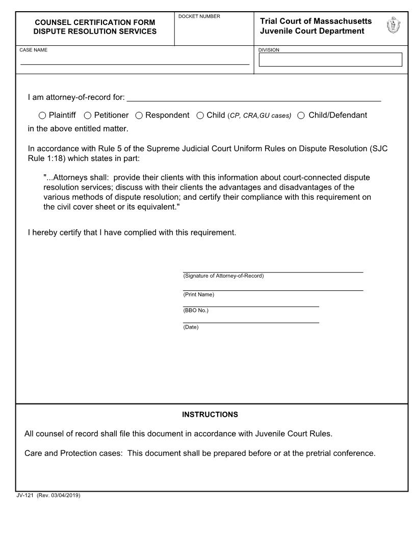 Counsel Certification Form Dispute Resolution Services {JV-121} | Pdf Fpdf Docx | Massachusetts