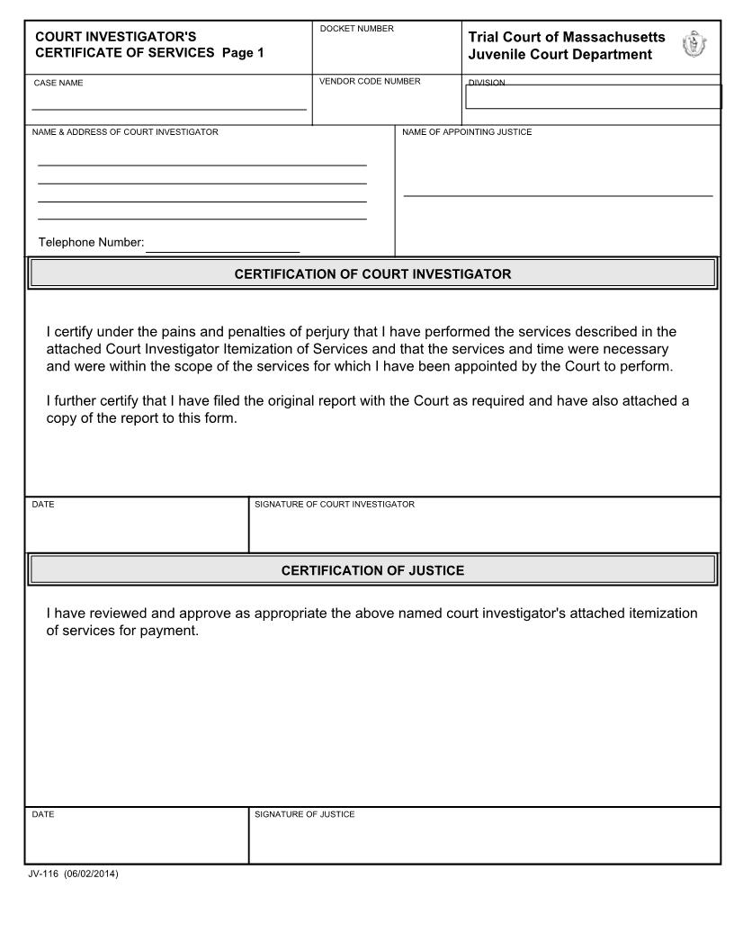 Court Investigator Certificate Of Services-Itemization {JV-116} | Pdf Fpdf Docx | Massachusetts
