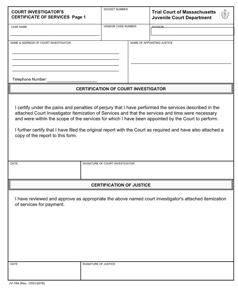 Court Investigators Certificate Of Services-Itemization Of Services {JV-164} | Pdf Fpdf Docx | Massachusetts