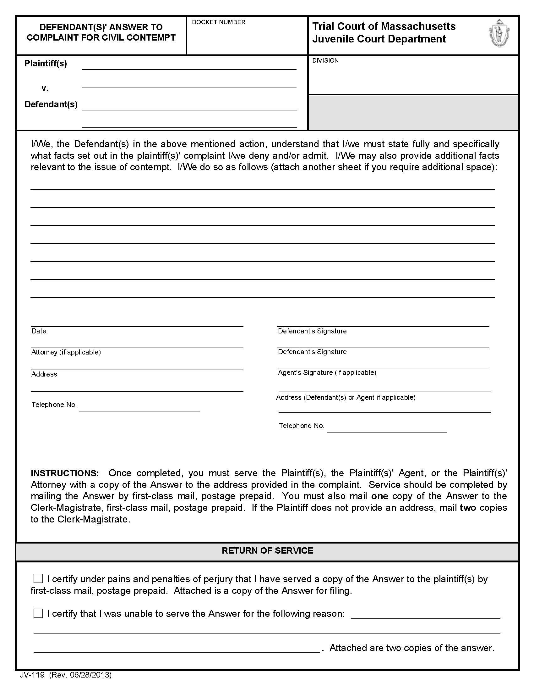 Defendants Answer To Complaint For Civil Contempt {JV-119} | Pdf Fpdf Docx | Massachusetts