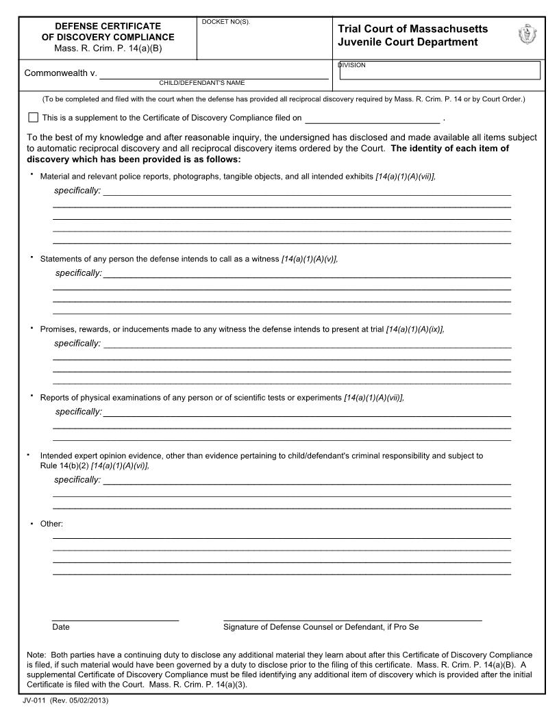Defense Certificate Of Discovery Compliance {JV-011} | Pdf Fpdf Docx | Massachusetts
