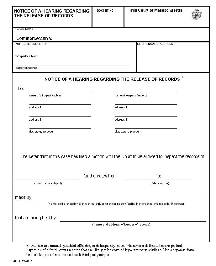 Dwyer-Notice Of A Hearing Regarding The Release Of Records | Pdf Fpdf Docx | Massachusetts