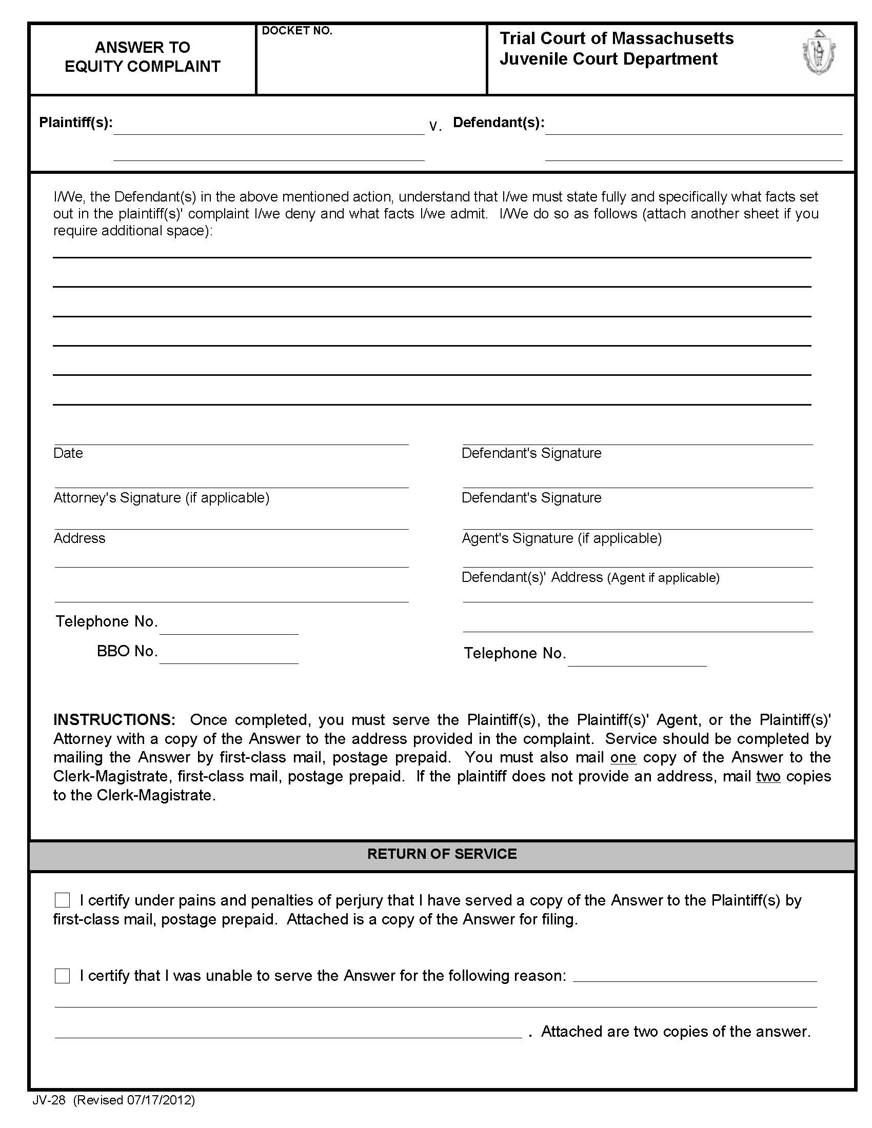 Equity Answer {JV-28} | Pdf Fpdf Docx | Massachusetts