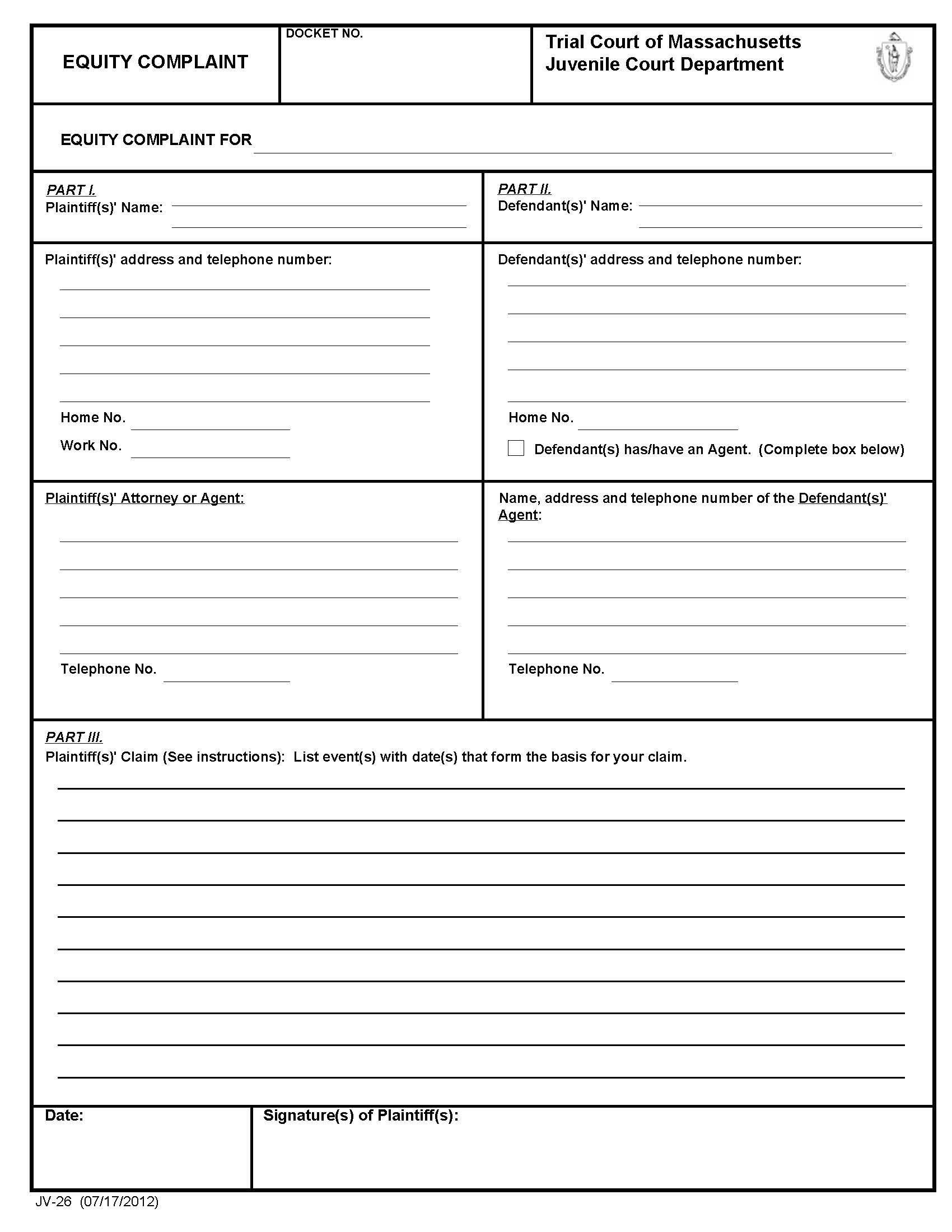 Equity Complaint {JV-26} | Pdf Fpdf Docx | Massachusetts