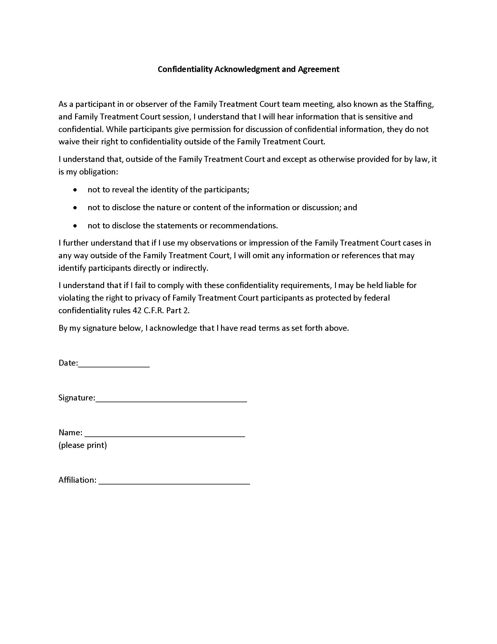 Family Treatment Court Confidentiality Acknowledgment And Agreement | Pdf Fpdf Docx | Massachusetts