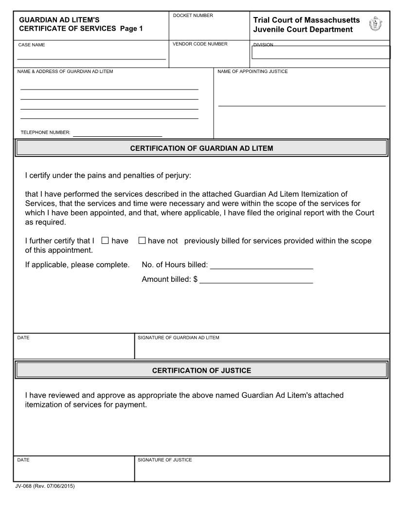 Guardian Ad Litems Certificate Of Services-Itemization Of Services {JV-068} | Pdf Fpdf Docx | Massachusetts