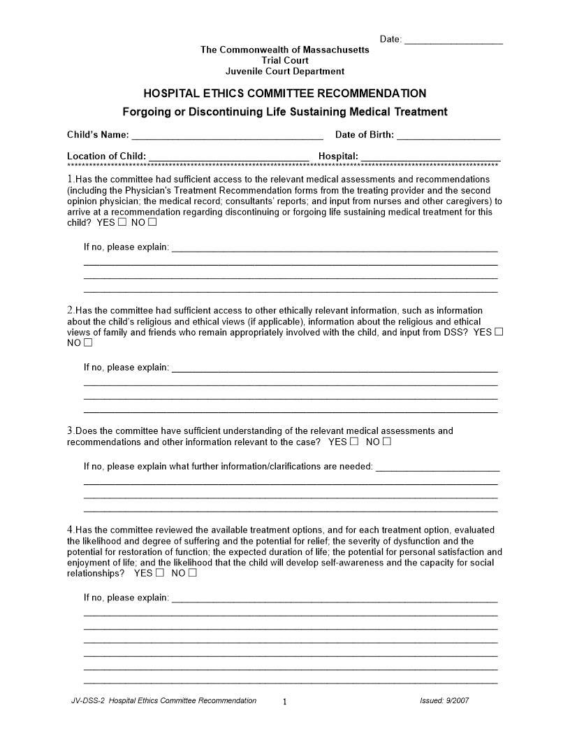 Hospital Ethics Committee Recommendation {JV-DCF-2} | Pdf Fpdf Docx | Massachusetts