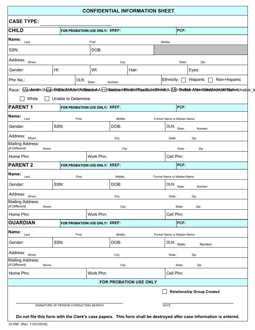 Juvenile Court Confidential Information Sheet {JV-090} | Pdf Fpdf Docx | Massachusetts