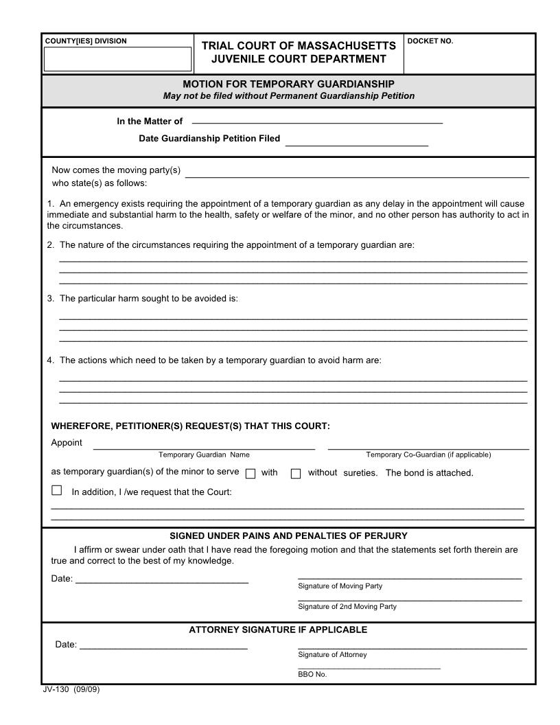 Motion For Temporary Guardianship {JV-130} | Pdf Fpdf Docx | Massachusetts