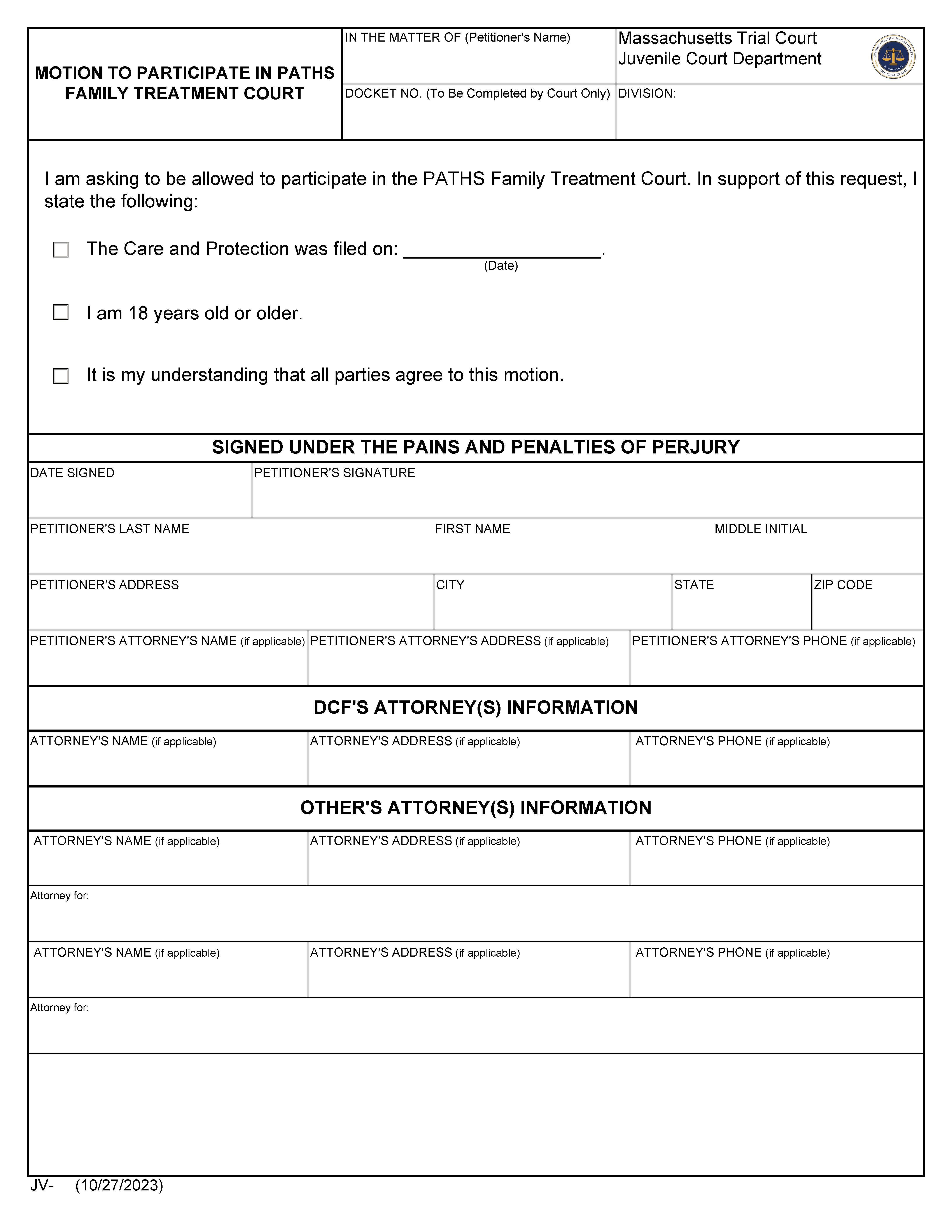 Motion To Participate In PATHS Family Treatment Court | Pdf Fpdf Docx | Massachusetts