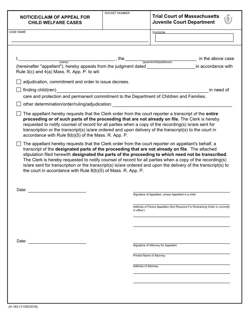 Notice-Claim Of Appeal For Child Welfare Cases {JV-163} | Pdf Fpdf Docx | Massachusetts