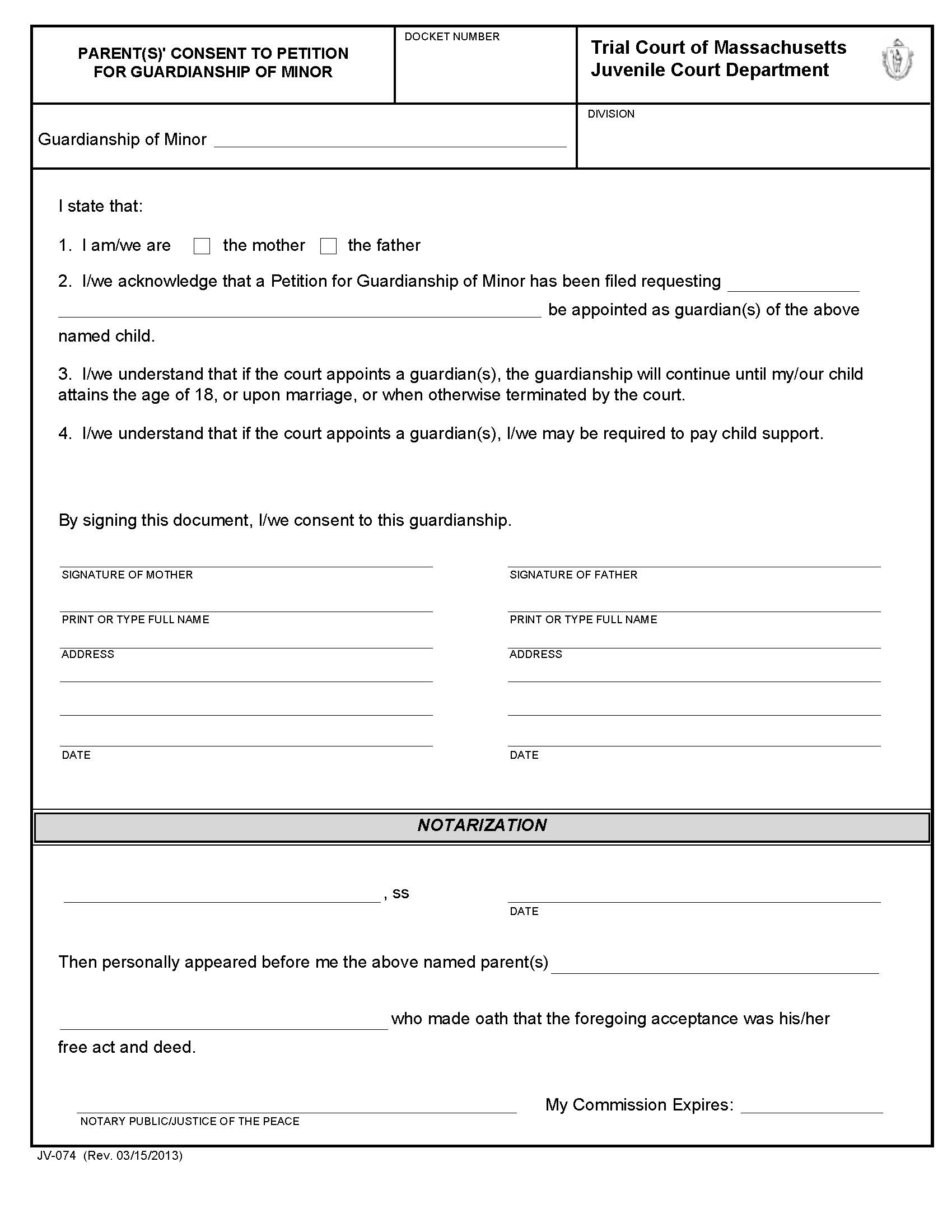 Parent(s) Consent To Petition For Guardianship Of Minor {JV-074} | Pdf Fpdf Docx | Massachusetts