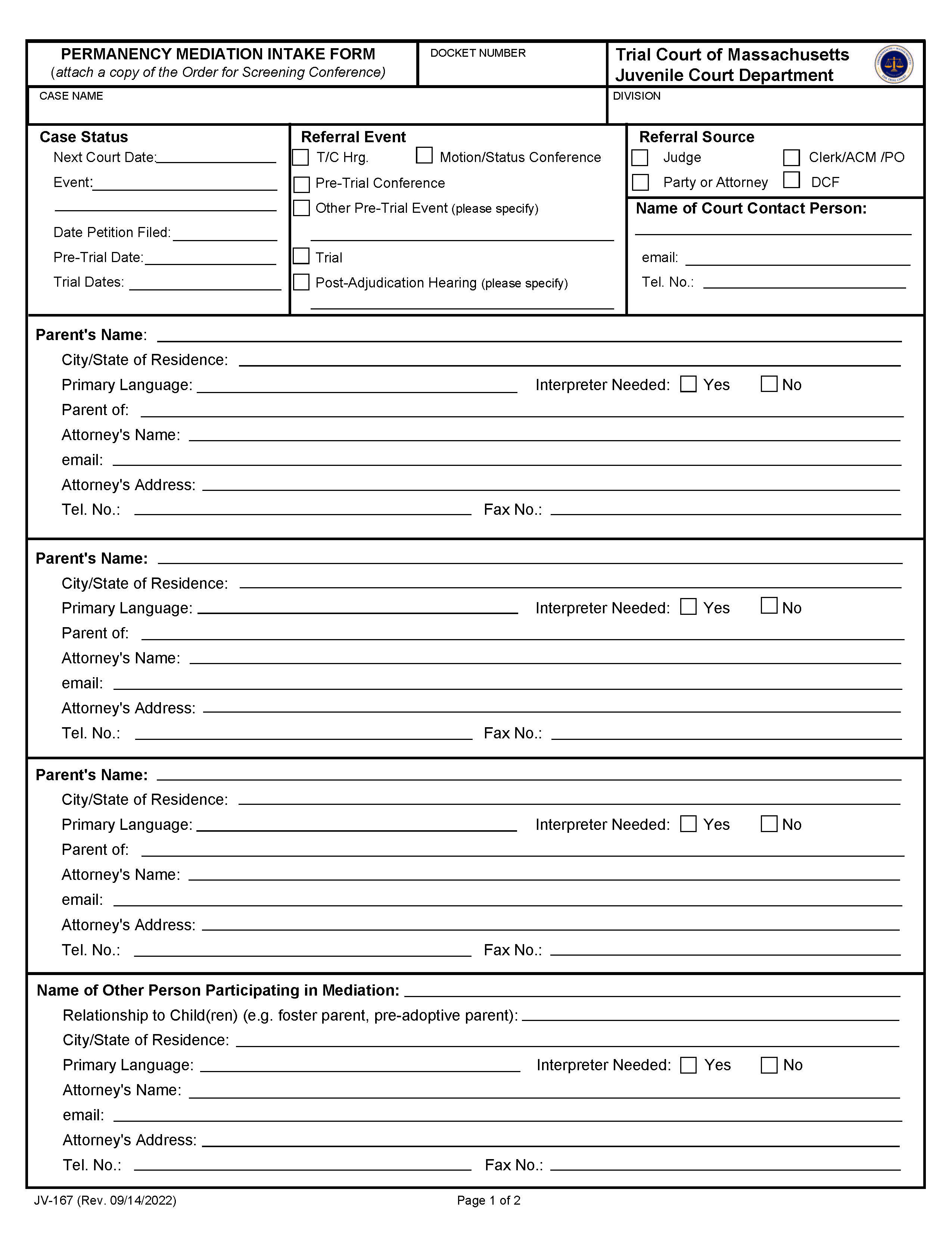 Permanency Mediation Intake Form {JV-167} | Pdf Fpdf Docx | Massachusetts