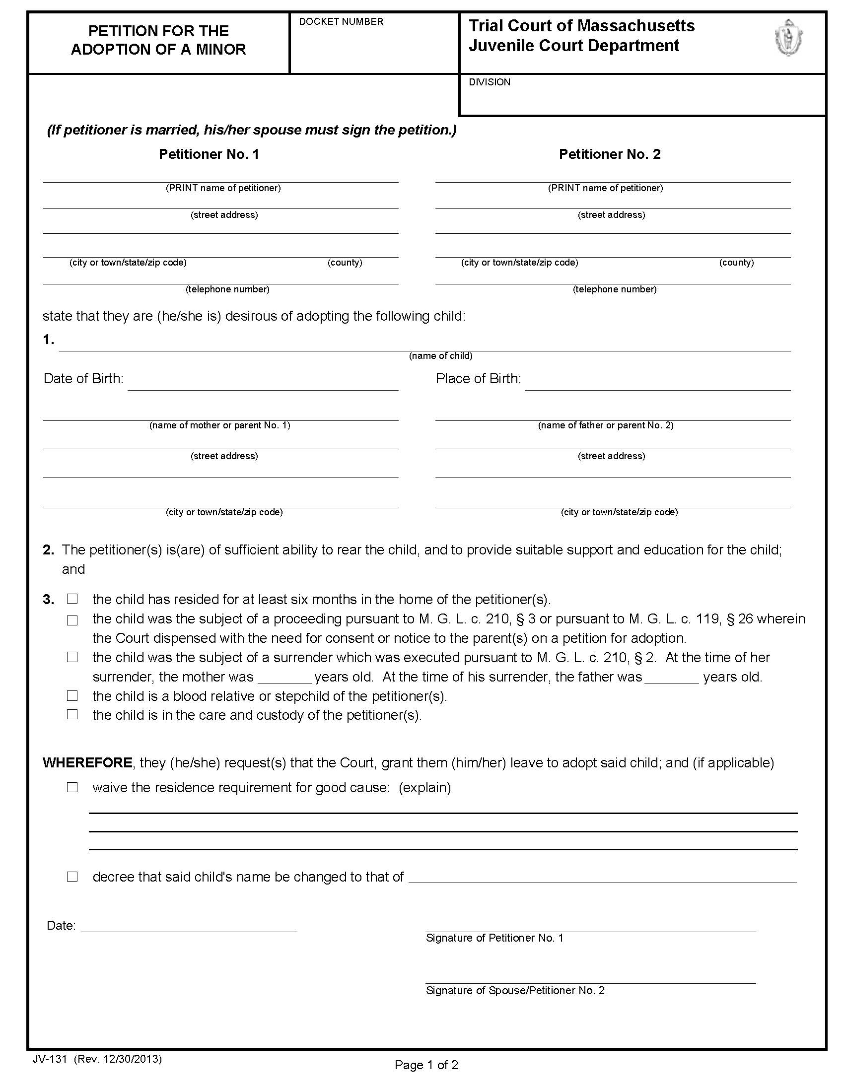 Petition For Adoption Of A Minor {JV-131} | Pdf Fpdf Docx | Massachusetts