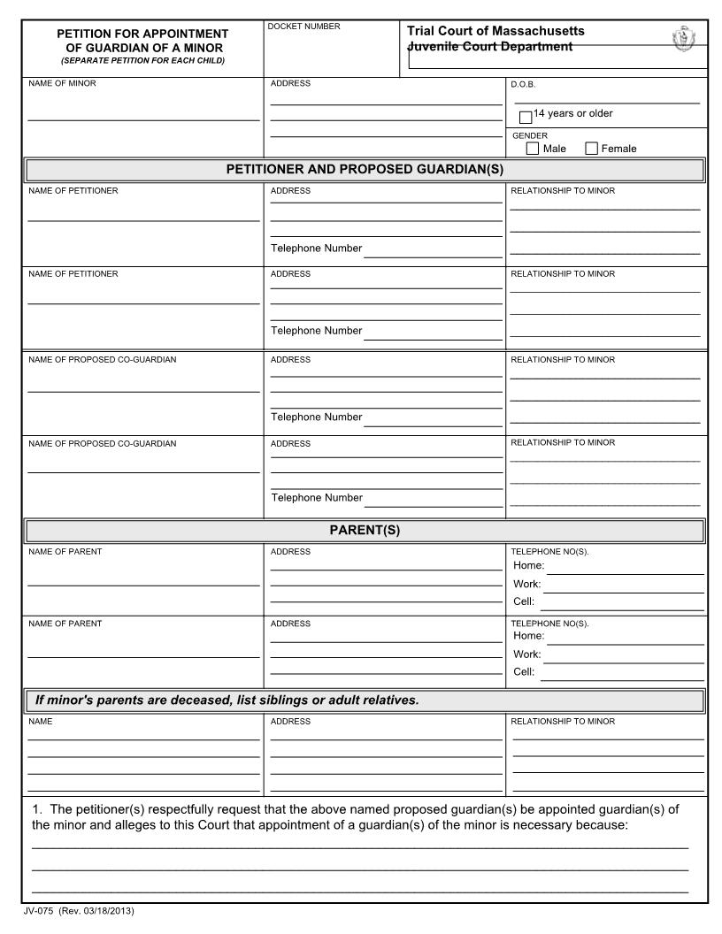Petition For Appointment Of Guardian Of A Minor {JV-075} | Pdf Fpdf Docx | Massachusetts