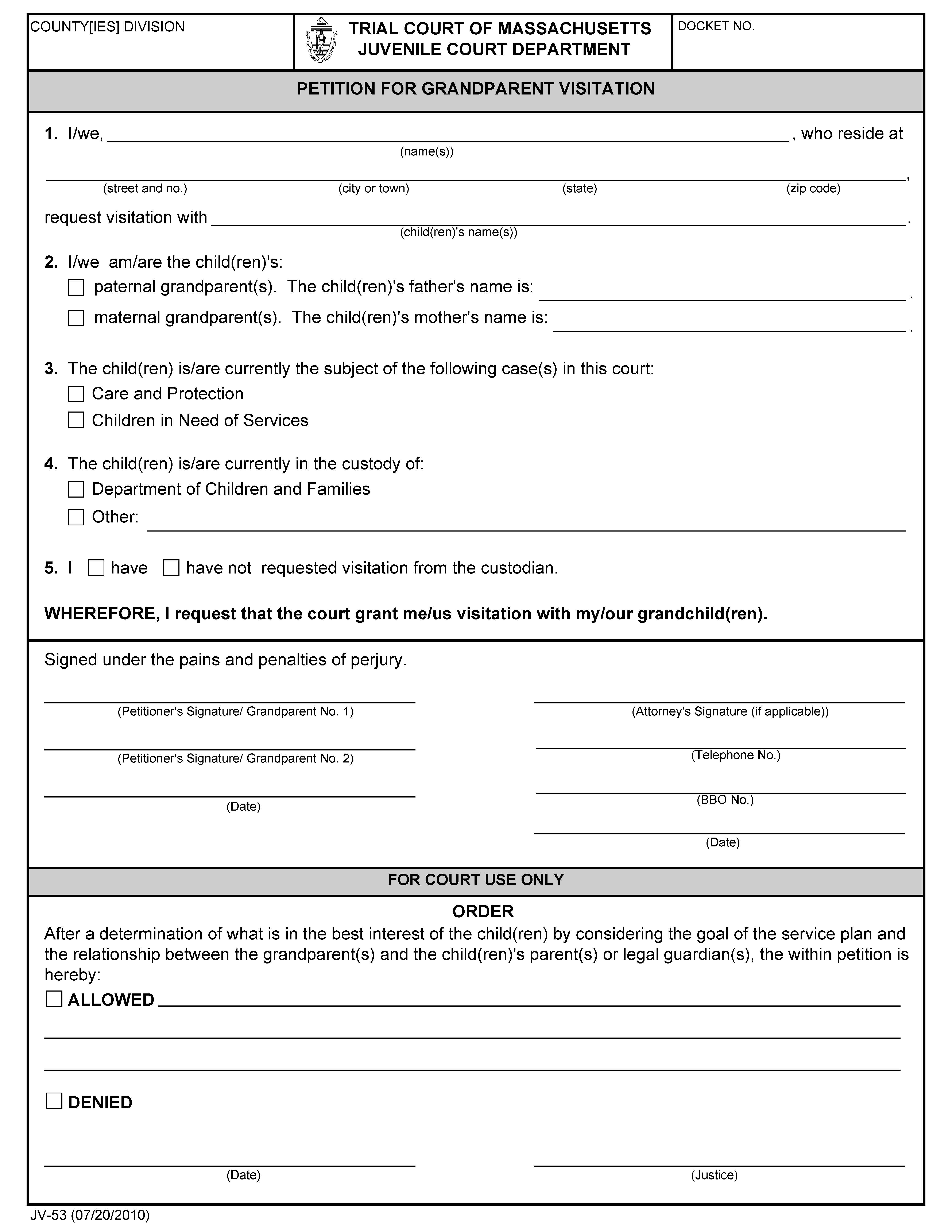 Petition For Grandparent Visitation {JV-53} | Pdf Fpdf Docx | Massachusetts