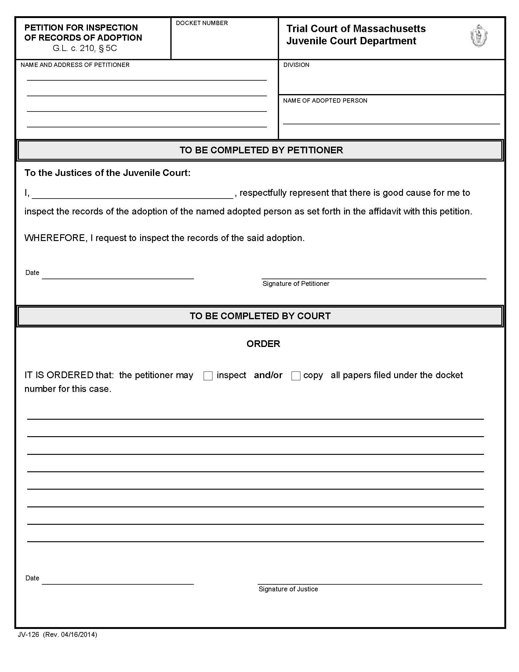 Petition For Inspection Of Records Of Adoption {JV-126} | Pdf Fpdf Docx | Massachusetts