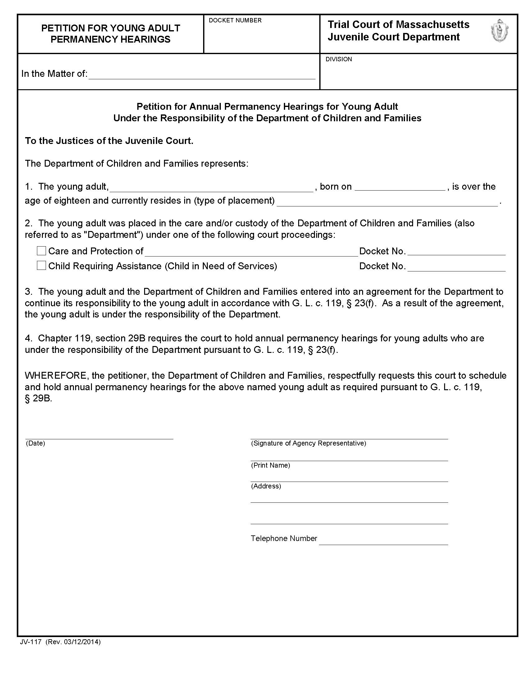 Petition For Young Adult Permanency Hearings {JV-117} | Pdf Fpdf Docx | Massachusetts