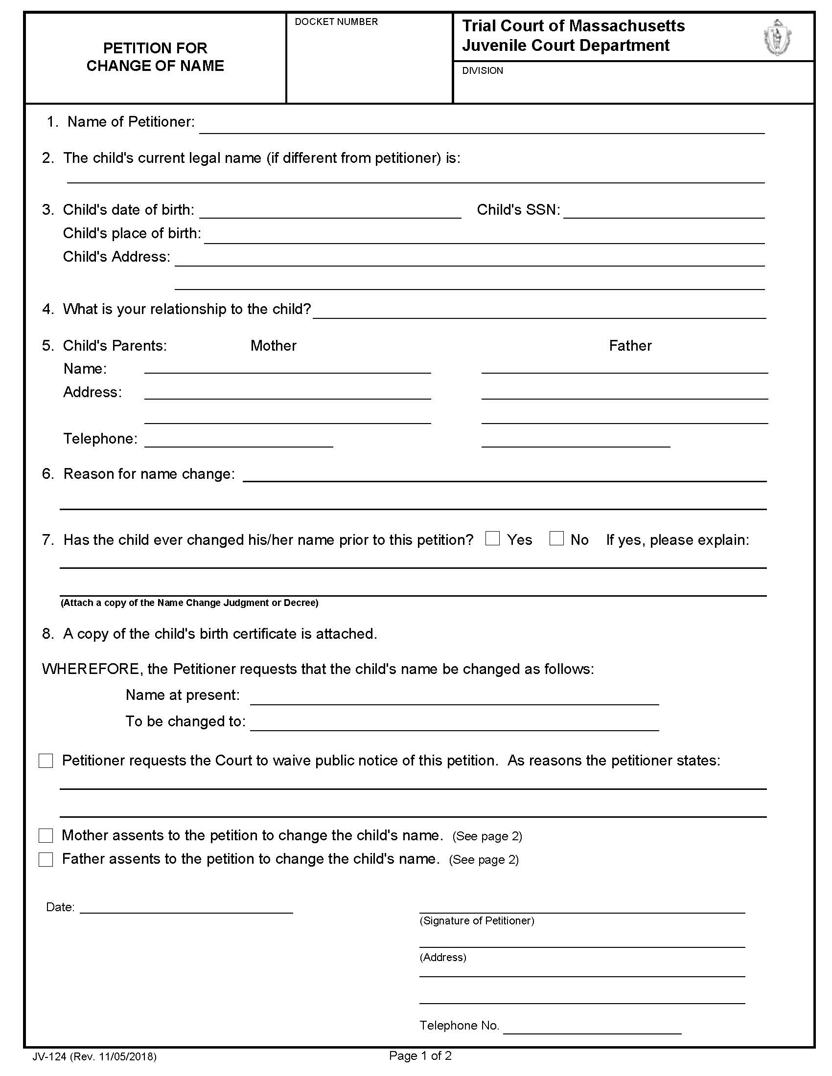 Petition Of Change Of Name {JV-124} | Pdf Fpdf Docx | Massachusetts