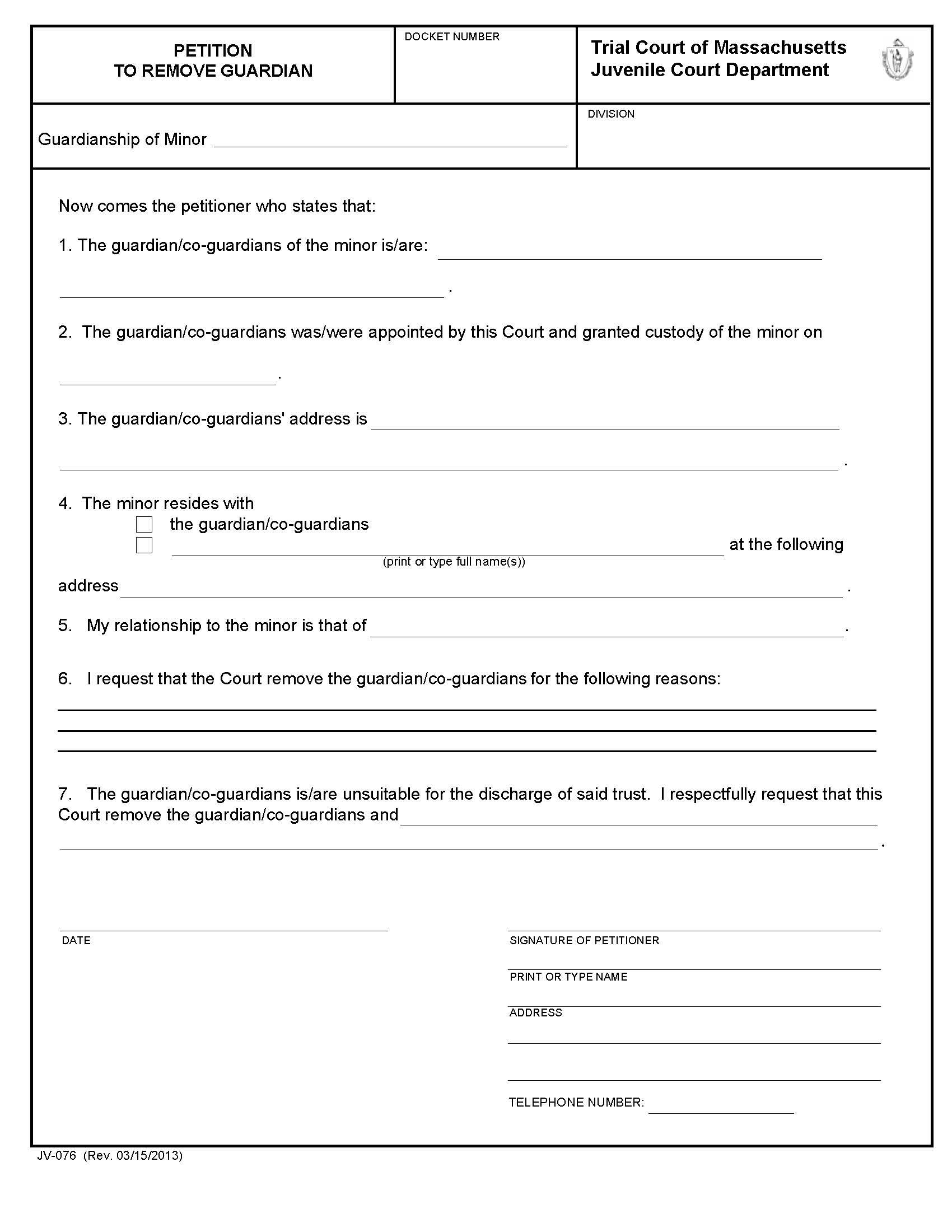 Petition To Remove Guardian {JV-076} | Pdf Fpdf Docx | Massachusetts